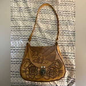 Vintage Mexico boho eagle flower hand tooled leather bucket purse
